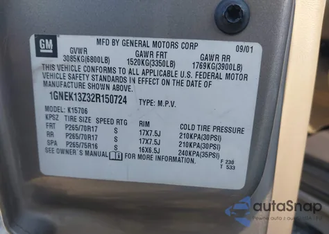 2002 Chevrolet Tahoe Z71 from USA, damaged, VIN 1GNEK13Z32R150724